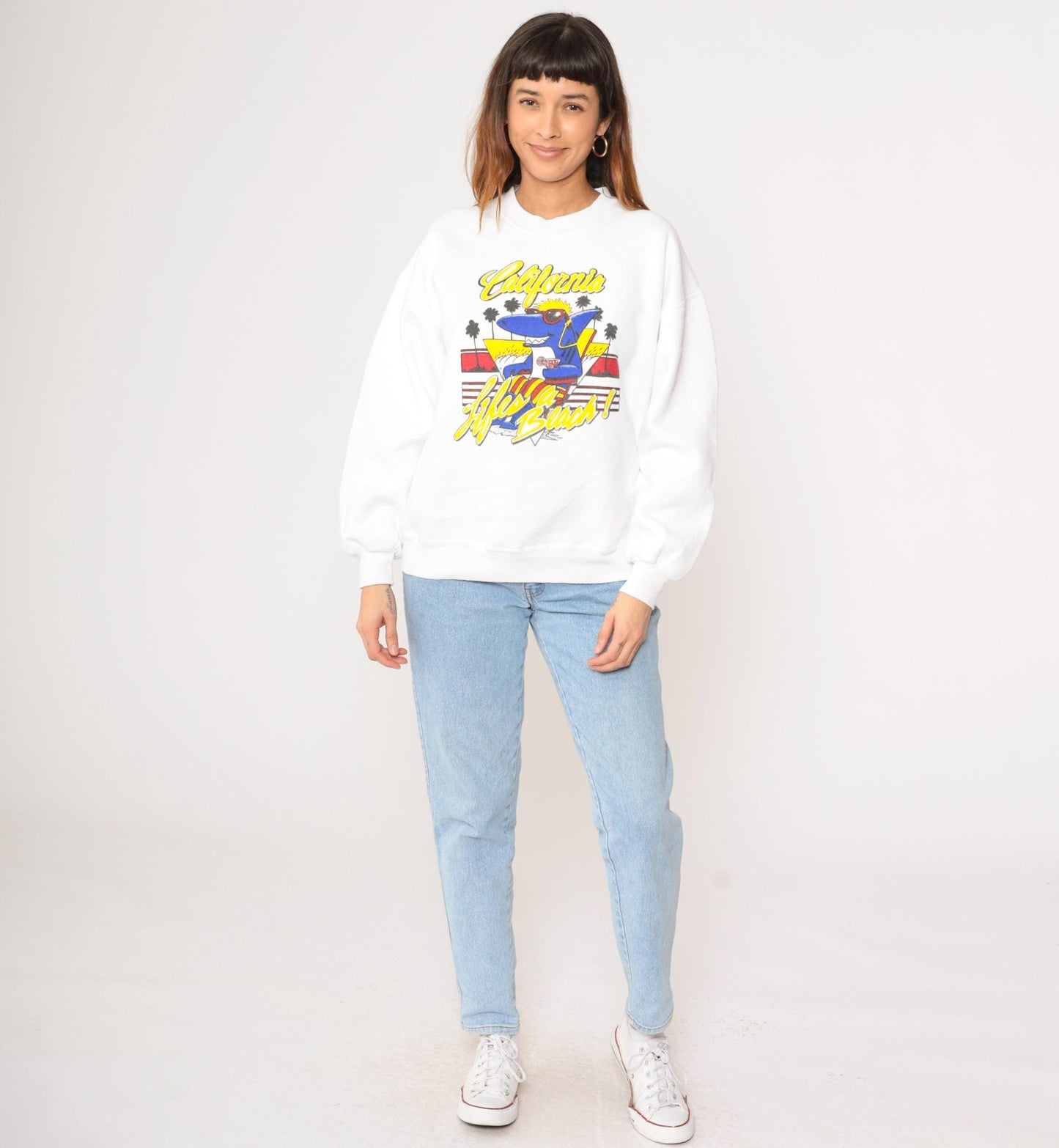 80s California Shark Sweatshirt Life's a Beach Graphic White Crewneck Extra Large XL