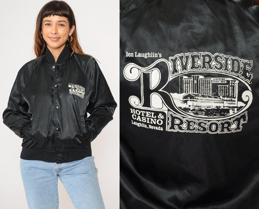 90s Riverside Resort Laughlin Nevada Satin Bomber Jacket Black Snap Small