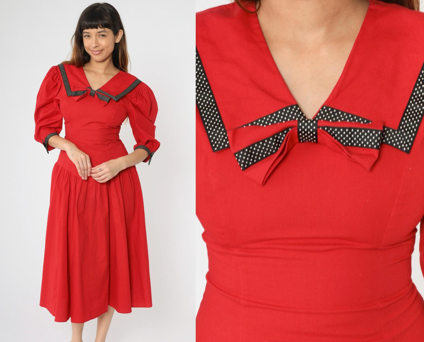 80s Red Nautical Sailor Collar Puff Sleeve Midi Dress Polka Dot Bow Small
