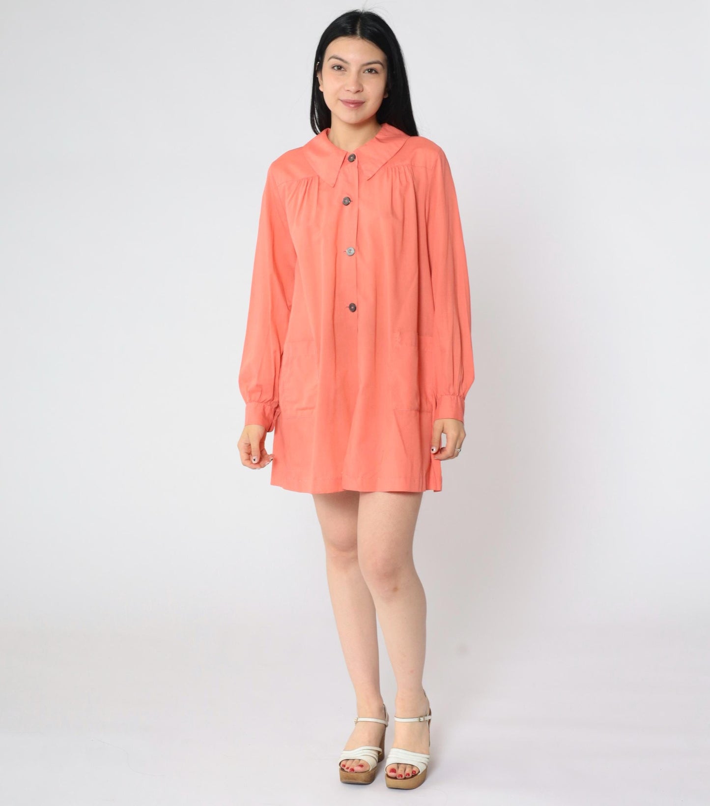 80s Coral Pink Smock Dress Peter Pan Collar Button-Up Shirtdress Small