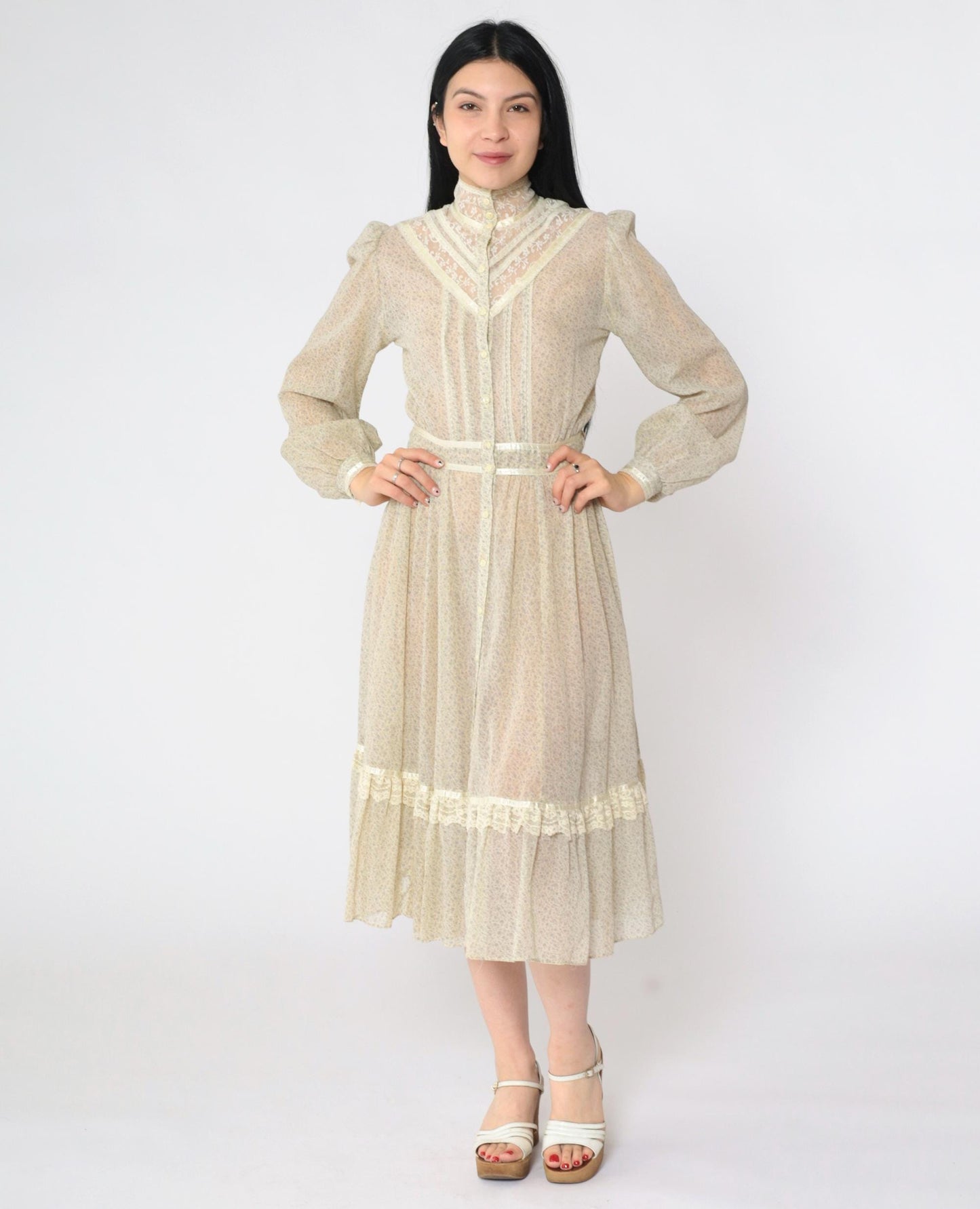70s Gunne Sax Floral Calico Midi Dress Cream Puff Sleeve Lace Extra Small