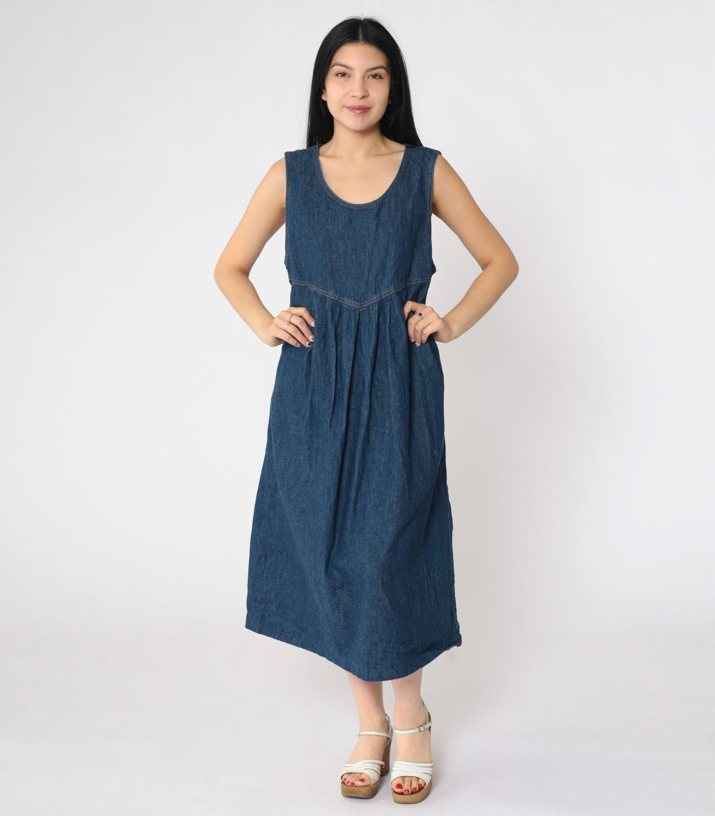 90s Dividends Maternity Denim Midi Dress Dark Blue Pleated High Waist Medium M