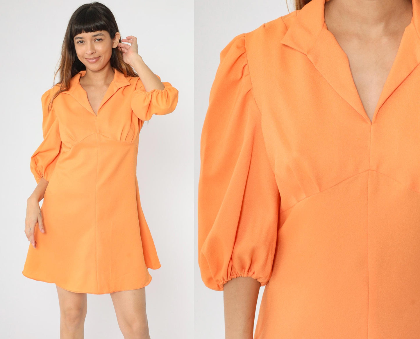 1970s Orange Puff Sleeve Babydoll Mini Dress Empire Waist Large L