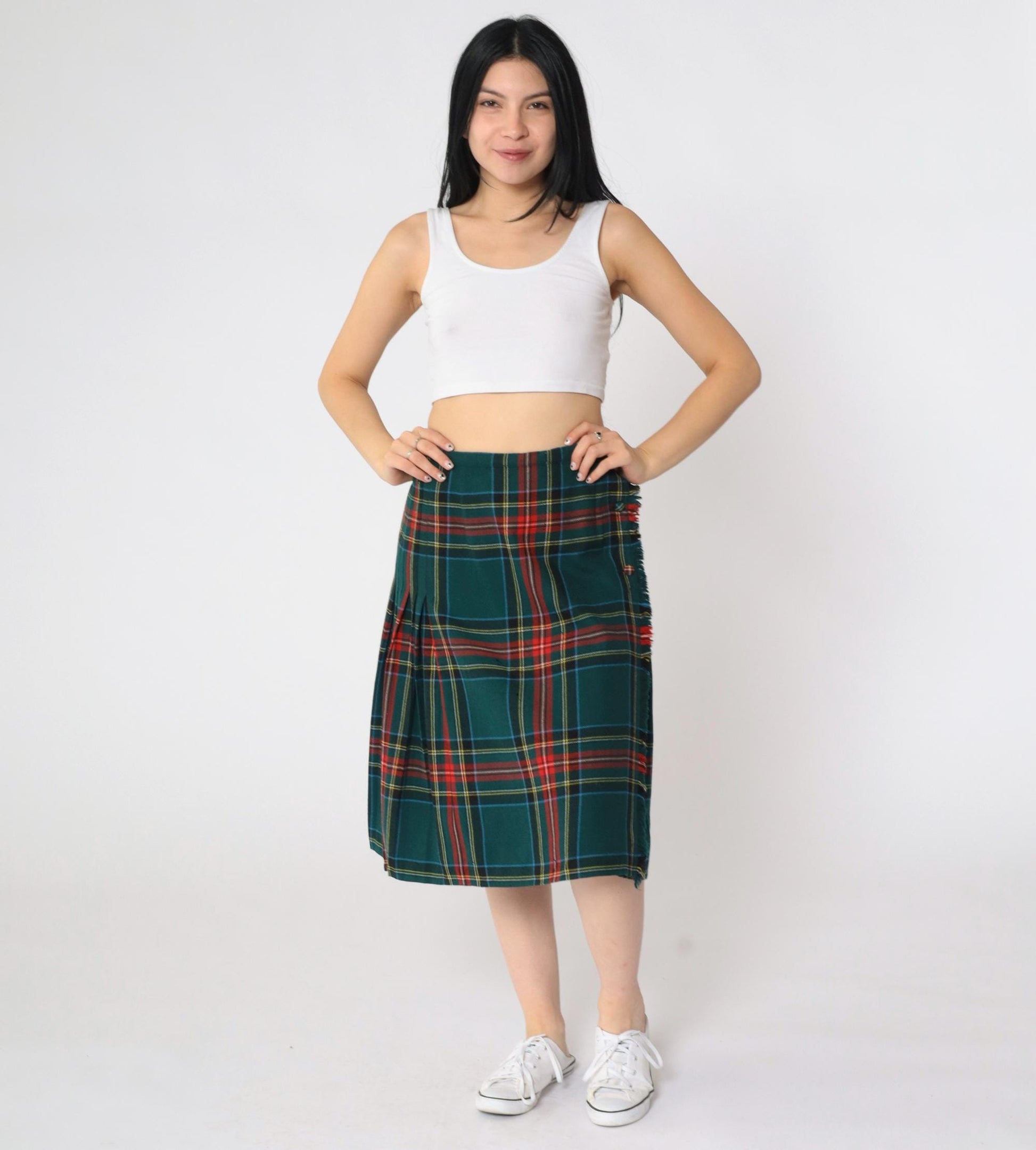 70s Green Plaid Wool Midi Skirt High Waisted Pleated Small S