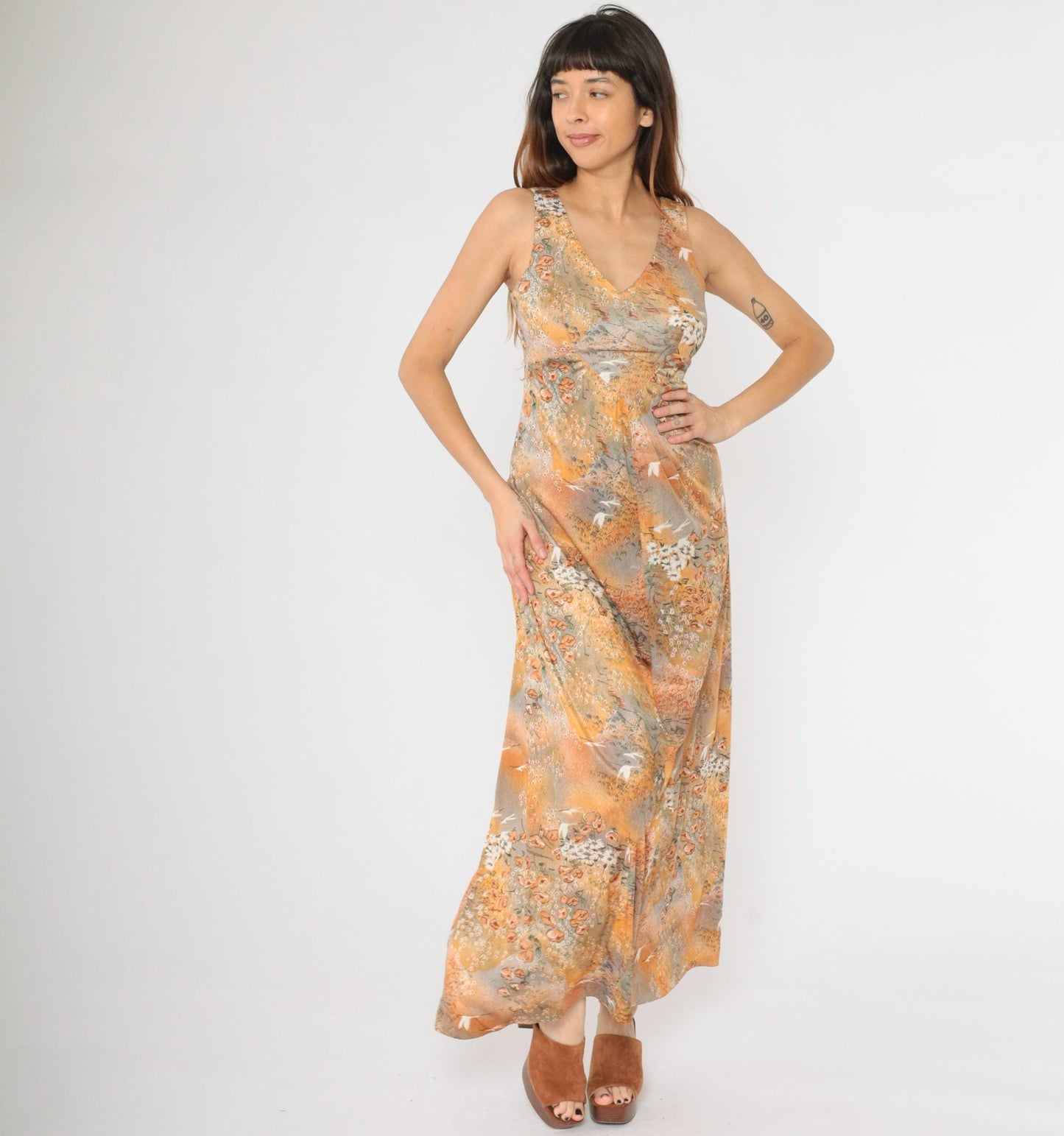 70s Floral Crane Print Maxi Dress Empire Waist V-Neck Grey Orange Small S