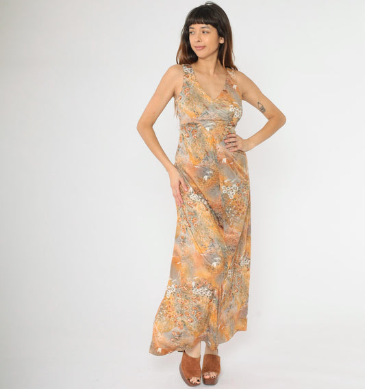 70s Floral Crane Print Maxi Dress Empire Waist V-Neck Grey Orange Small S