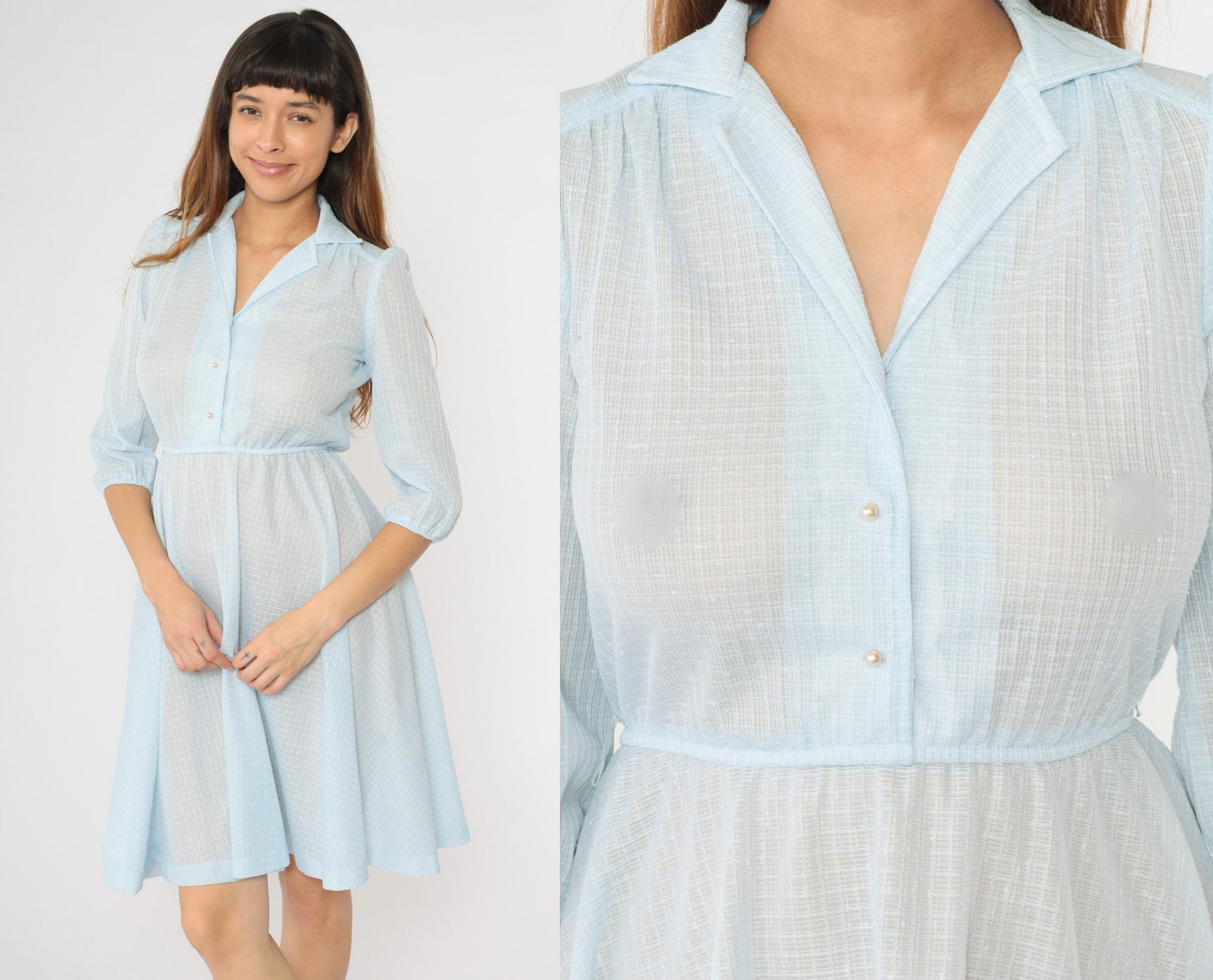 70s Light Blue Sheer Midi Dress Puff Sleeve Button Front Grid Pattern Small