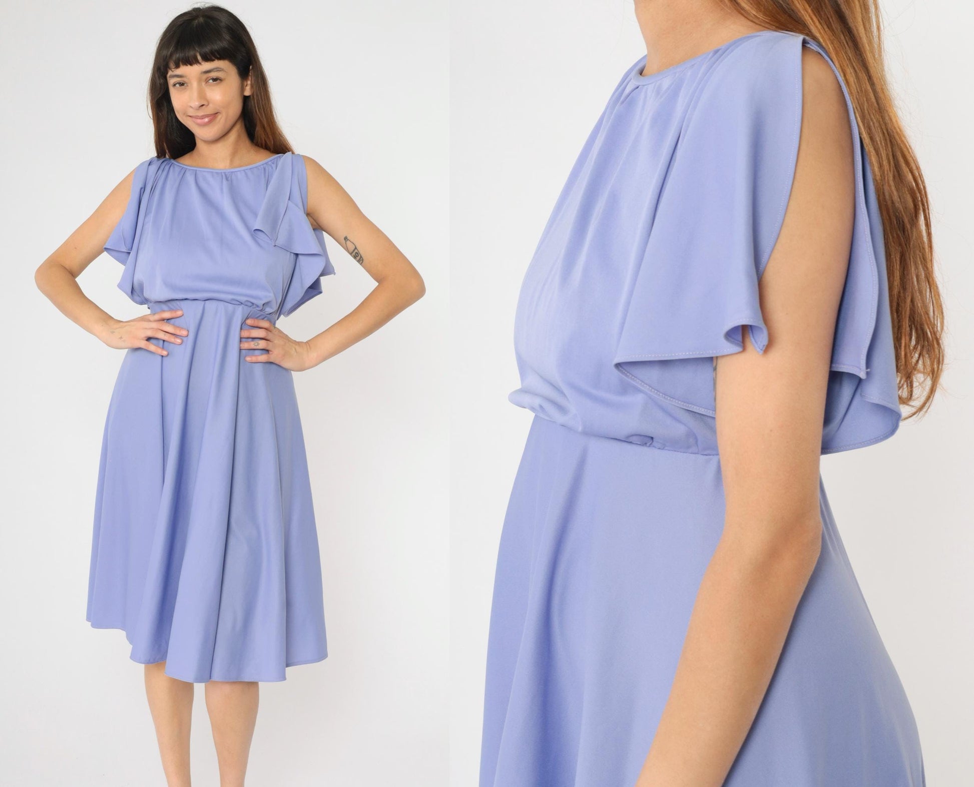70s Lavender Disco Midi Dress High Elastic Waist Flutter Sleeve Small
