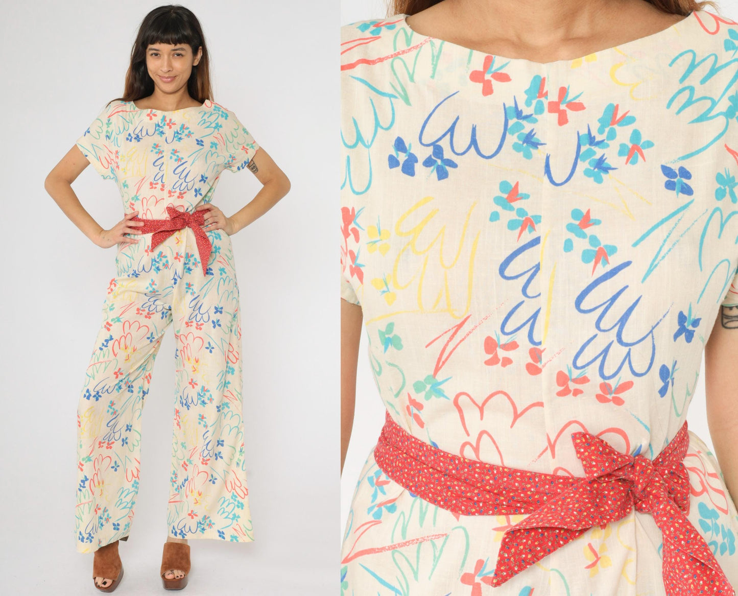 70s Floral Wide Leg Jumpsuit Off-White Short Sleeve Zip Back Small Medium
