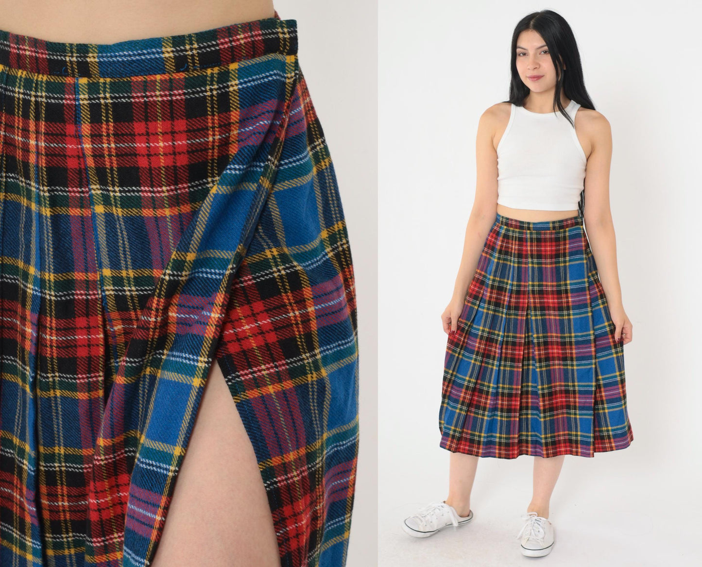 80s Ann Stevens Wool Plaid Midi Skirt High Waist Wrap Tartan Small
