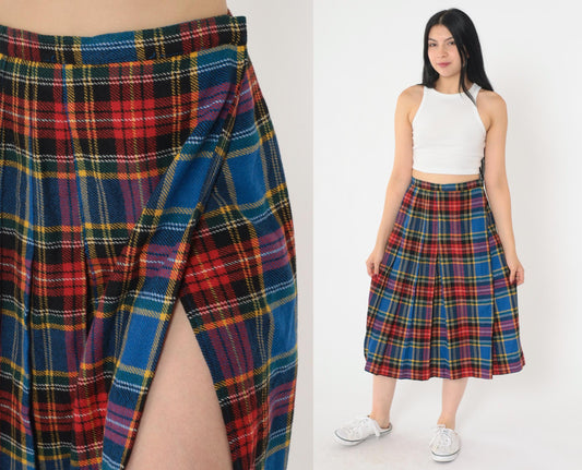 80s Ann Stevens Wool Plaid Midi Skirt High Waist Wrap Tartan Small