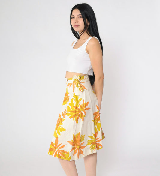 70s Tropical Floral Wrap Midi Skirt White Mustard Orange Small