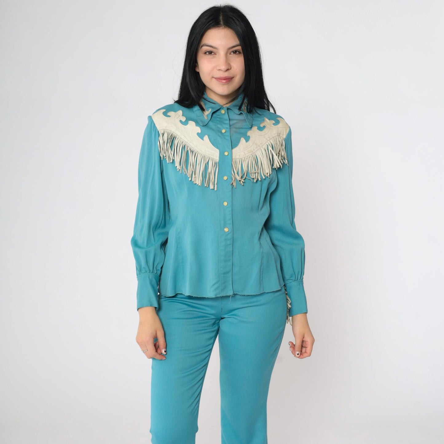 1950s Hillbilly Westerns Turquoise Leather Fringe Two-Piece Set Extra Small