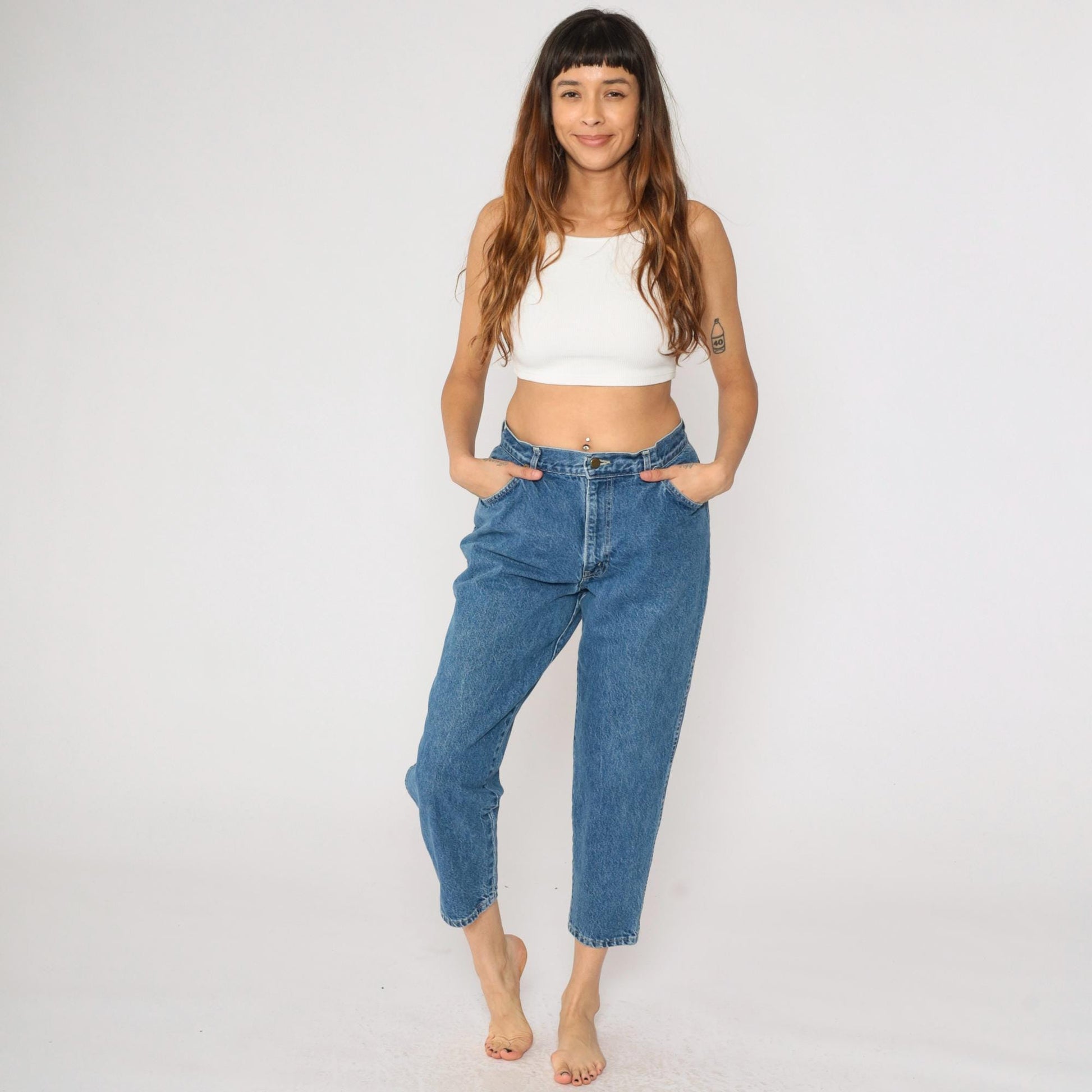 80s Chic High-Waisted Cropped Tapered Jeans Blue Denim Medium
