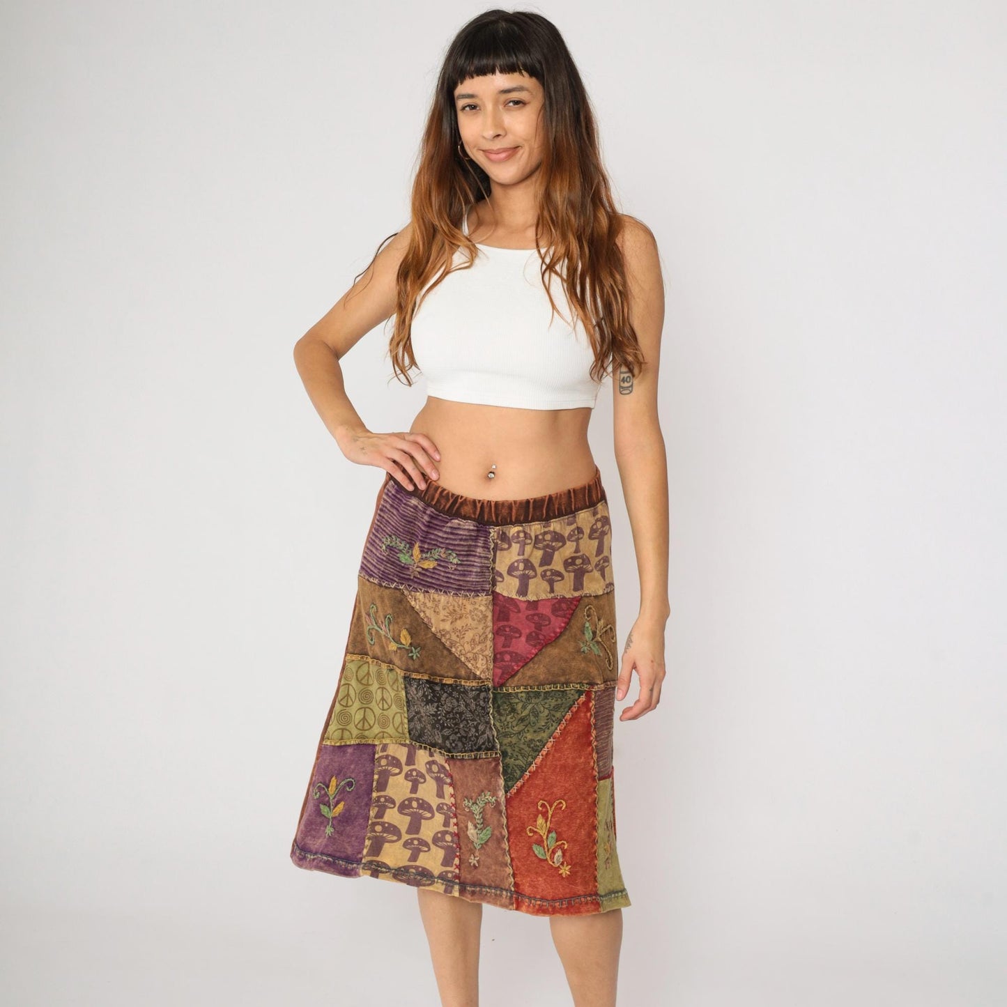 Y2K Patchwork Midi Skirt Brown Mushroom Floral Peace Sign Cotton Large L