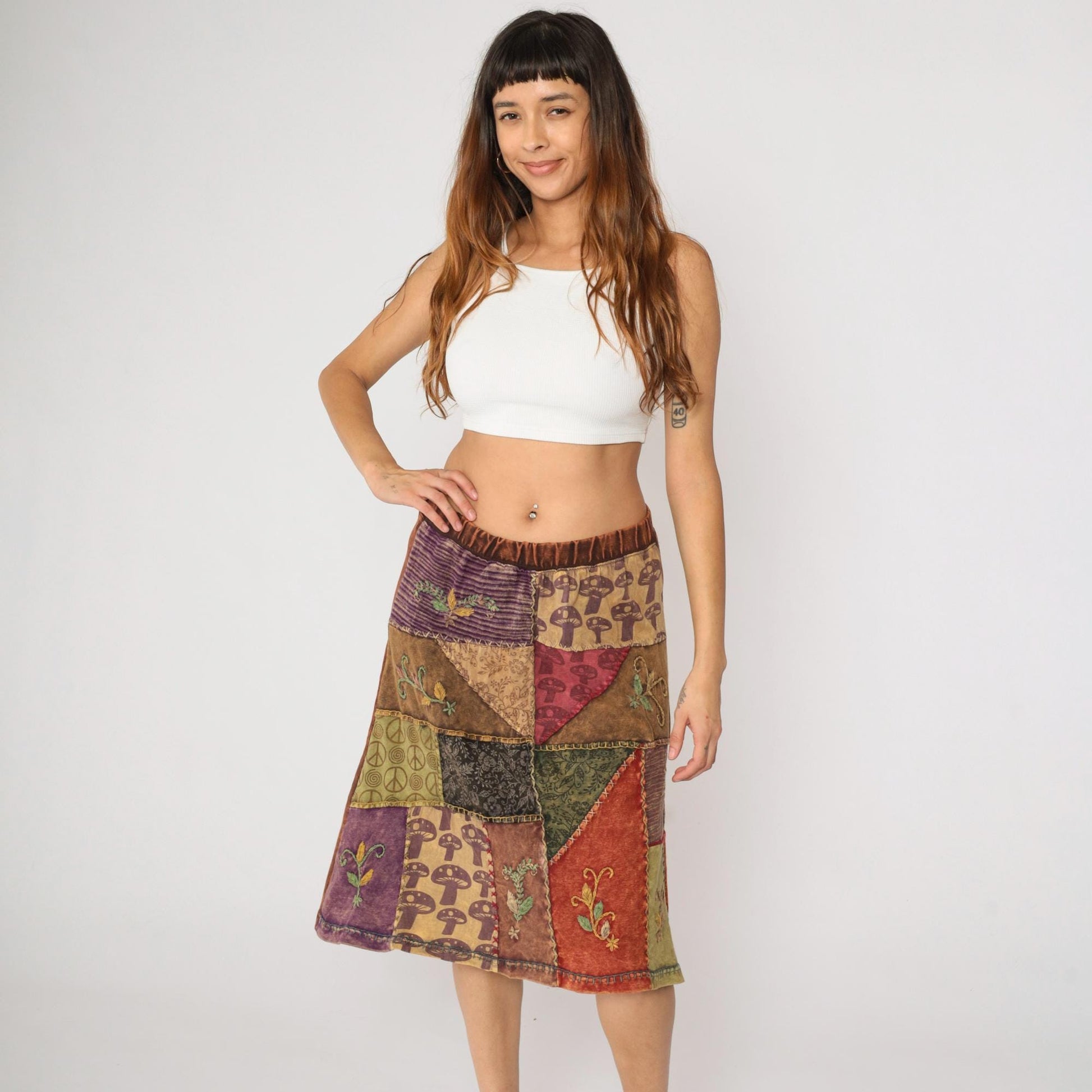 Y2K Patchwork Midi Skirt Brown Mushroom Floral Peace Sign Cotton Large L