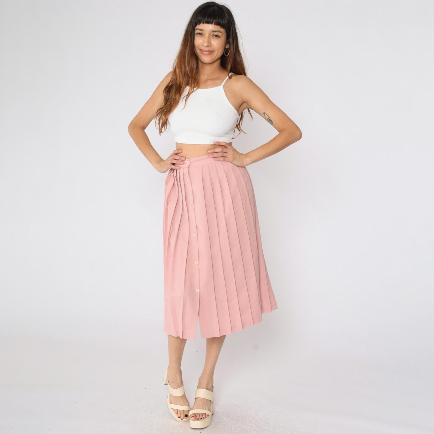 80s Nine to Five Pink Pleated Midi Skirt Button Front High Waist Small