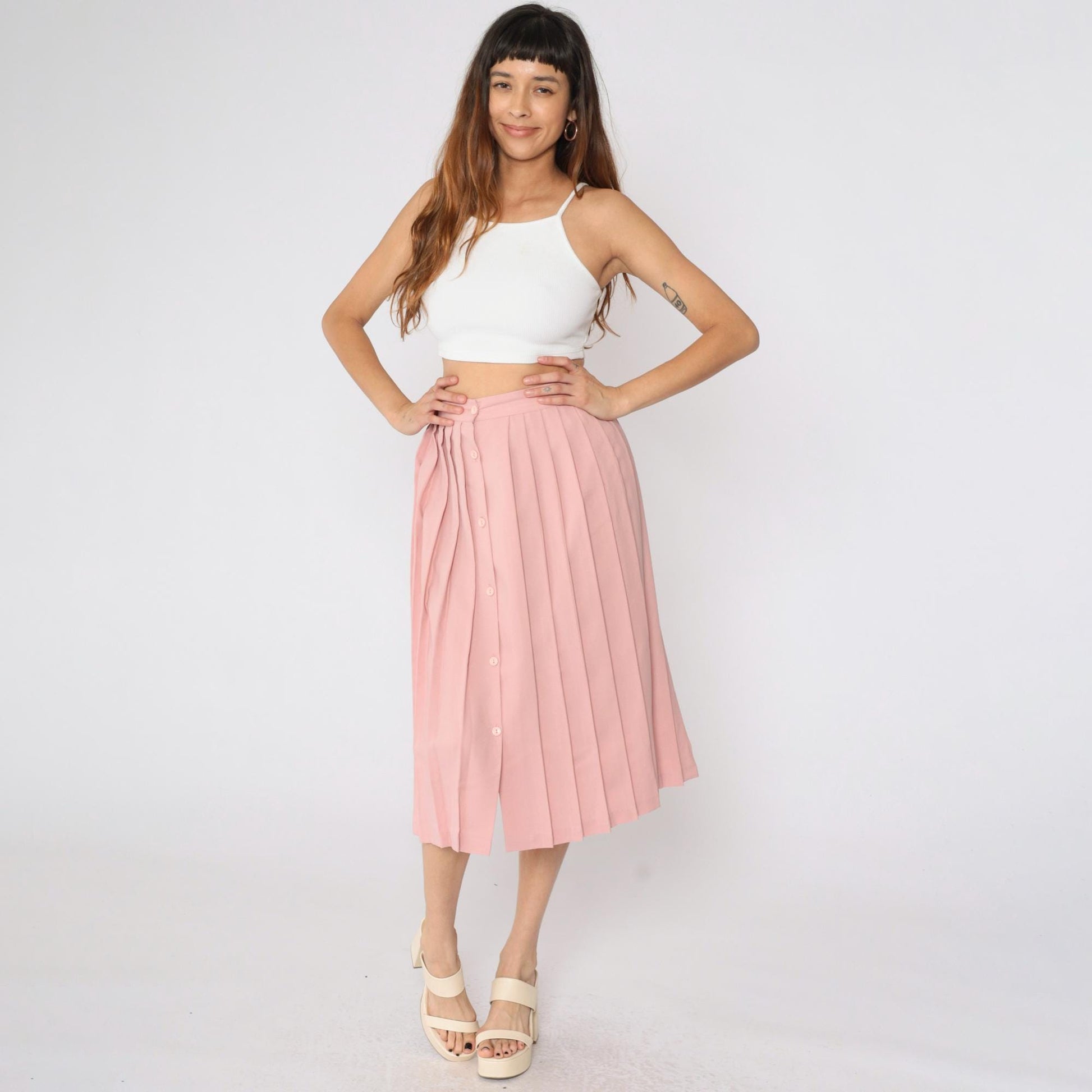 80s Nine to Five Pink Pleated Midi Skirt Button Front High Waist Small