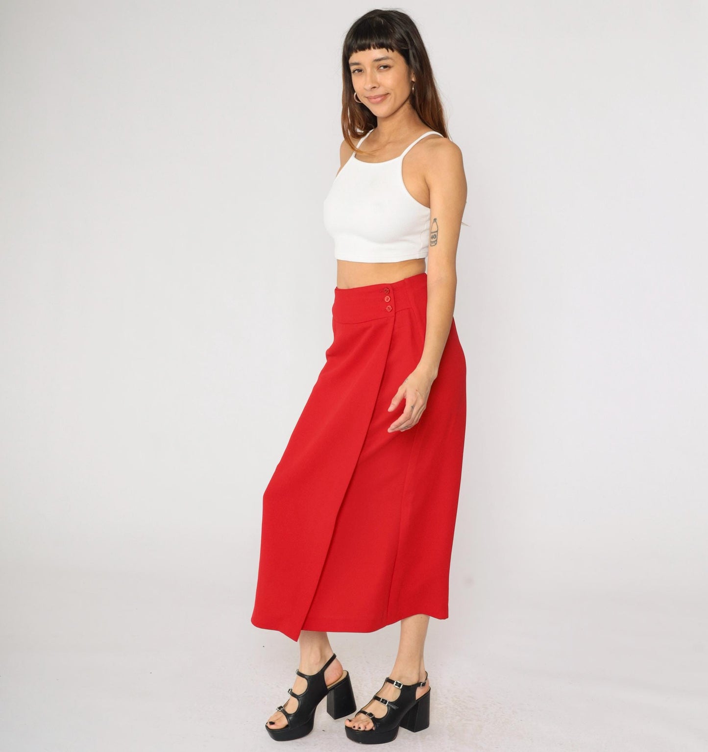 90s Red Faux Wrap Skirt High Waist Straight Midi Ankle Length Medium 8