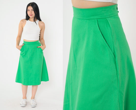 1970s Girl Scouts Midi Skirt Green A-Line High Waist Pockets Extra Small