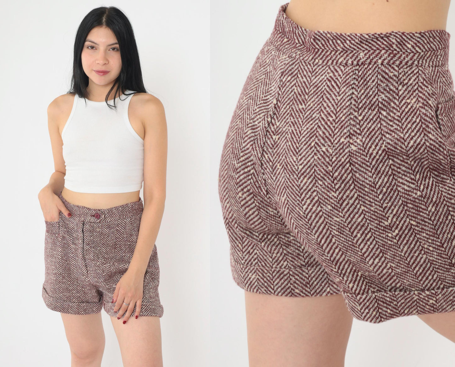 70s 80s Wool Blend Herringbone Shorts Burgundy White High Waist Cuffed Small
