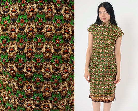 70s Cheongsam-Style Dress Green Batik Floral Print Mandarin Collar Midi XS