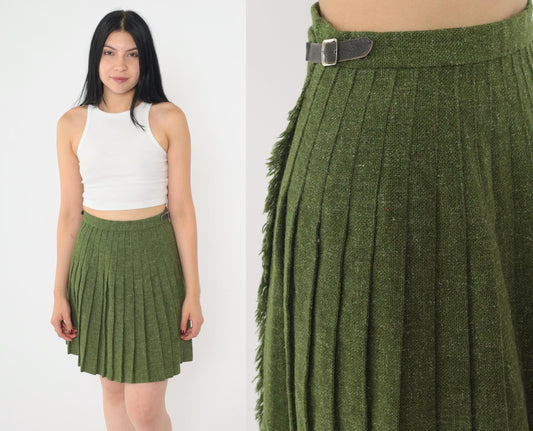 60s Wool Mini Skirt Olive Green Flecked High Waist Pleated XXS