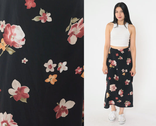 90s Black Floral Midi Skirt Red Yellow Print High Waist Extra Small XS