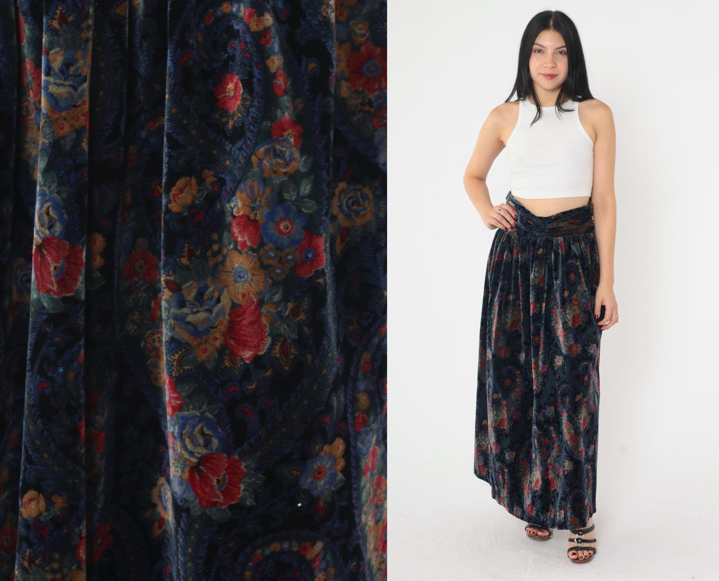 90s Floral Paisley Cotton Maxi Skirt Black Blue High Waist Small