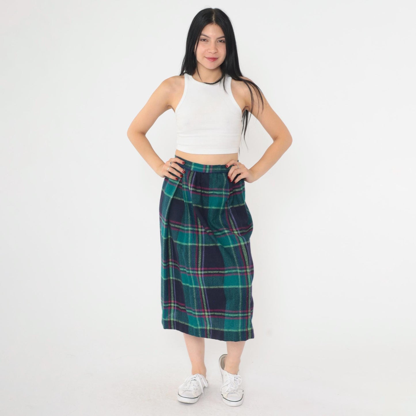 80s Jack Winter Pleated Plaid Wool Midi Skirt Teal Pink High Waist Small