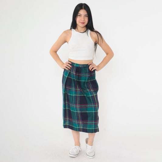 80s Jack Winter Pleated Plaid Wool Midi Skirt Teal Pink High Waist Small