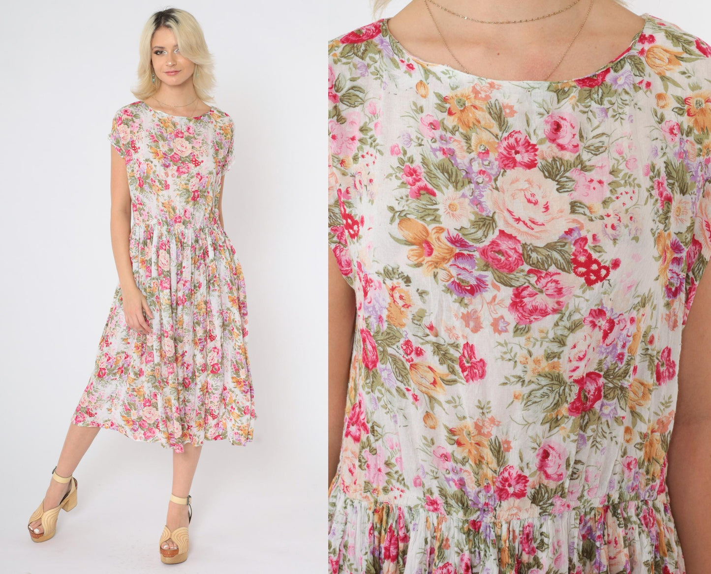 90s Bila Floral Midi Dress White Pink Yellow Green High Waist Medium M