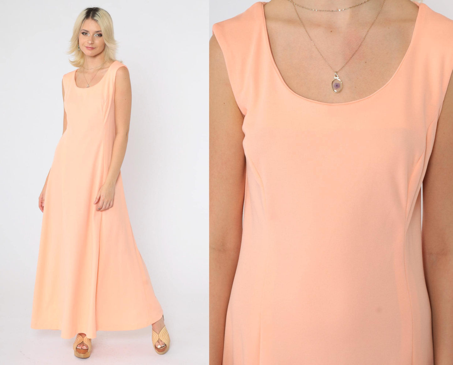 70s Peach Maxi Dress Sleeveless Princess Seam A-Line Disco Gown Small