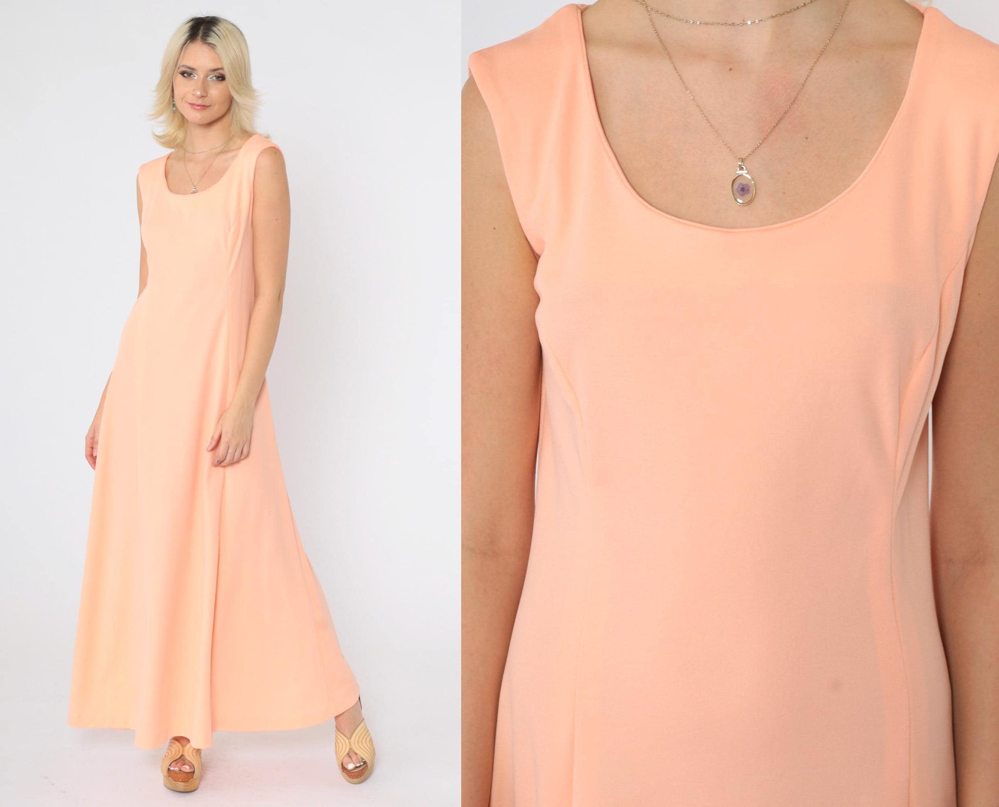 70s Peach Maxi Dress Sleeveless Princess Seam A-Line Disco Gown Small
