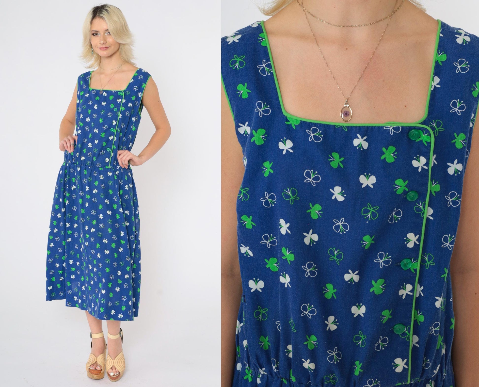 70s Butterfly Print Blue Midi Dress High Elastic Waist Sleeveless Large