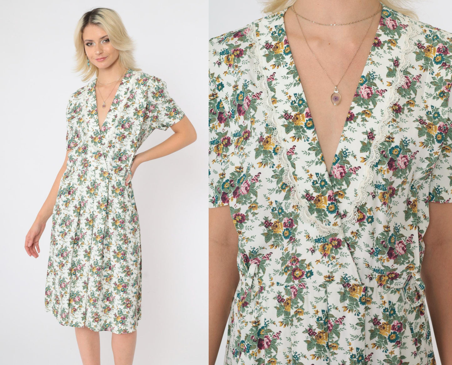 80s S.L. Petites Floral Midi Dress Deep V Puff Sleeve White Multicolor Small