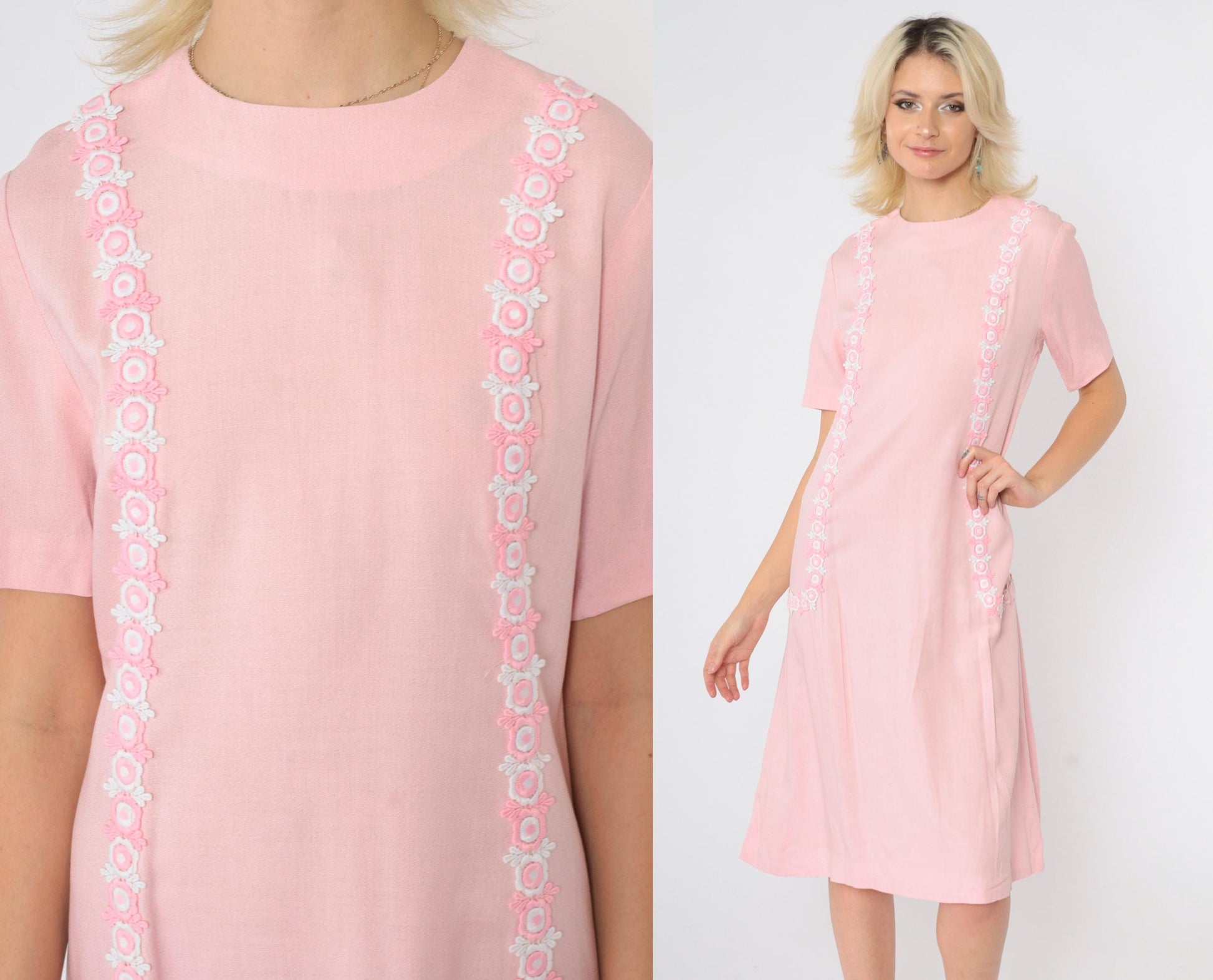 60s Pink Mod Shift Dress Embroidered Daisy Trim Drop Waist Small S