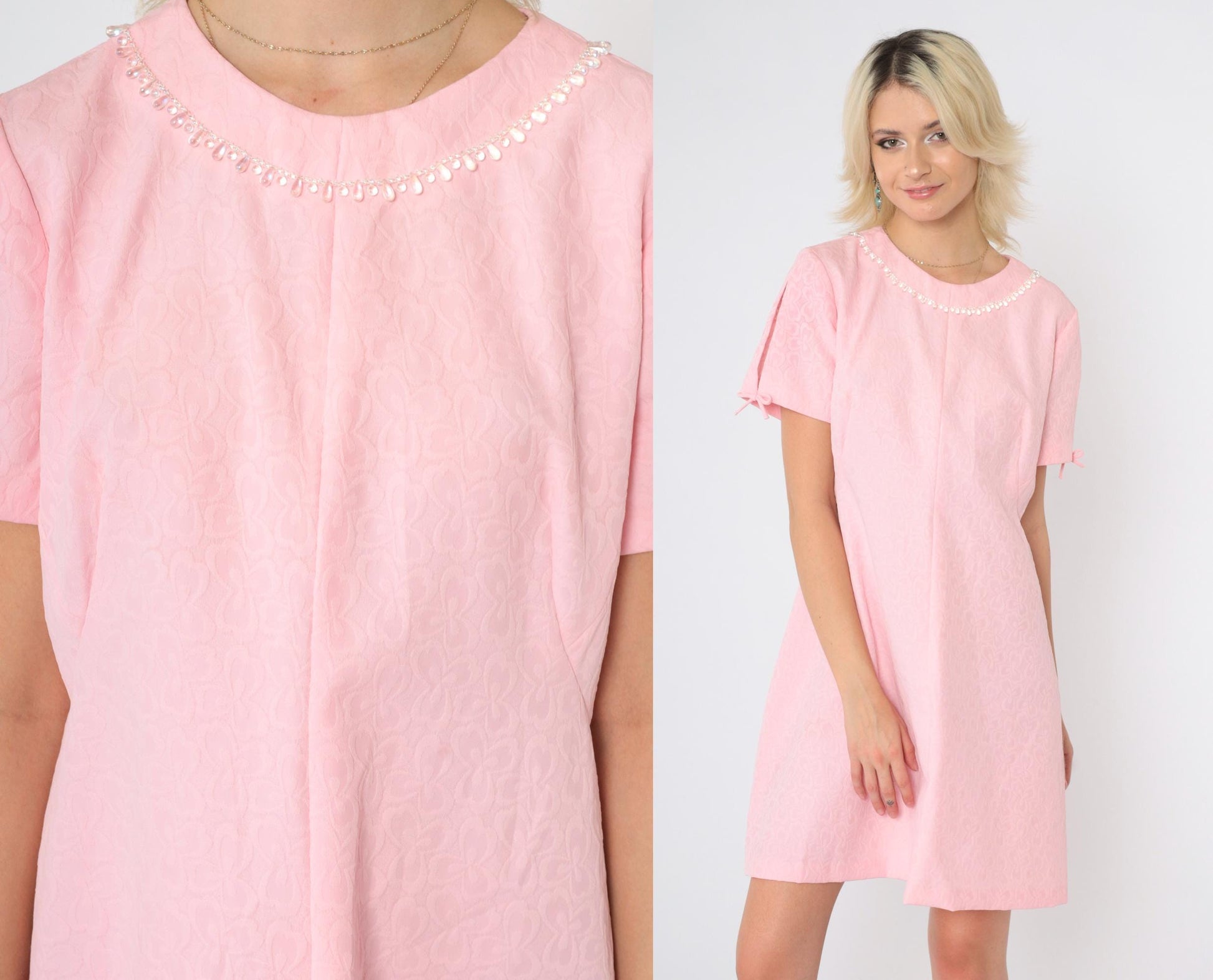60s Pink Mod Shift Dress Iridescent Beaded Collar Floral Mini Medium Large