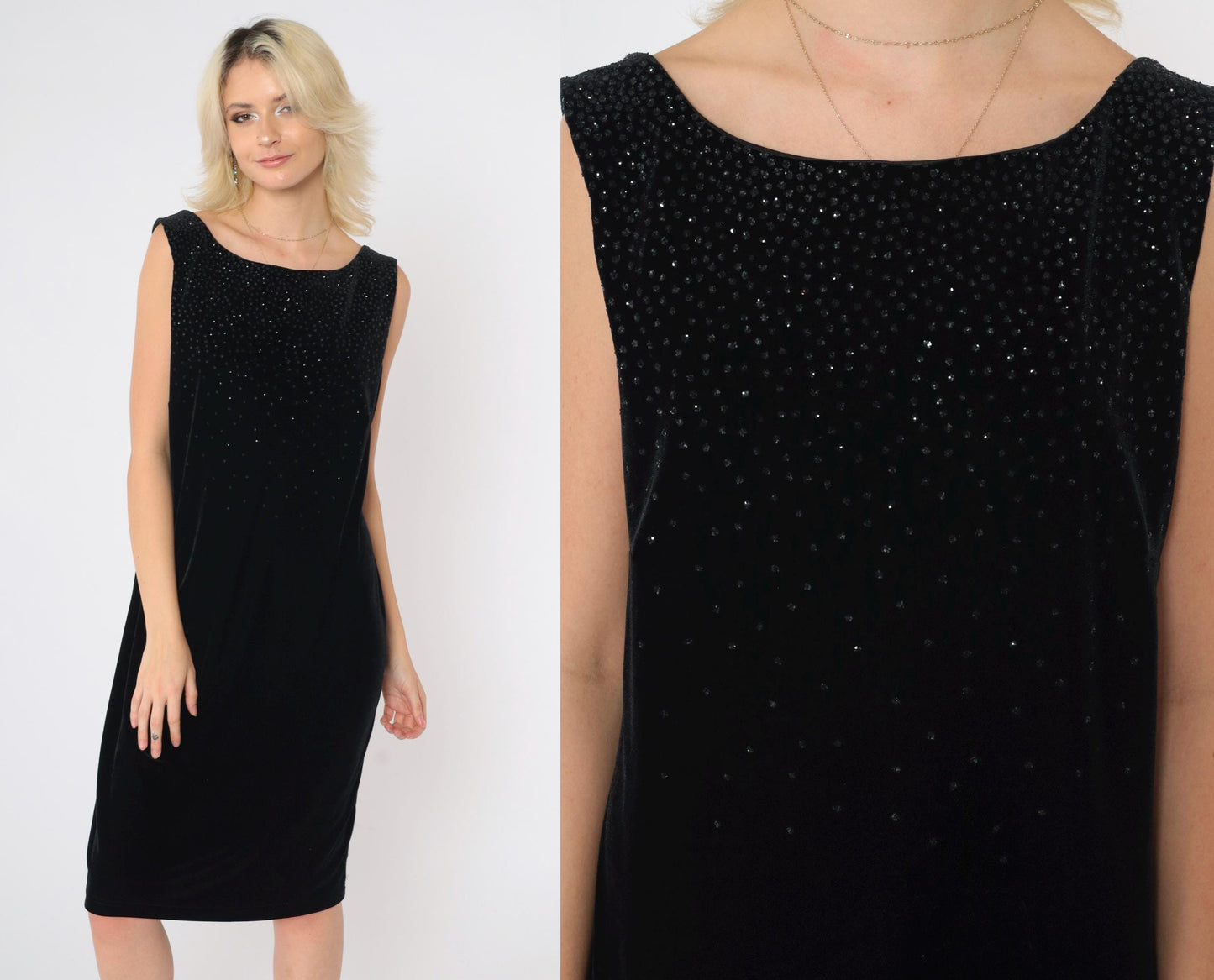 90s Robbie Bee Black Velvet Shift Dress Glitter Open Back Knee Length Large