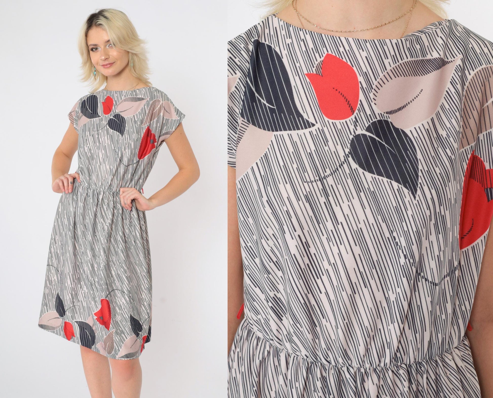 70s Floral Striped High-Waisted Dress Cap Sleeve Knee Length Small