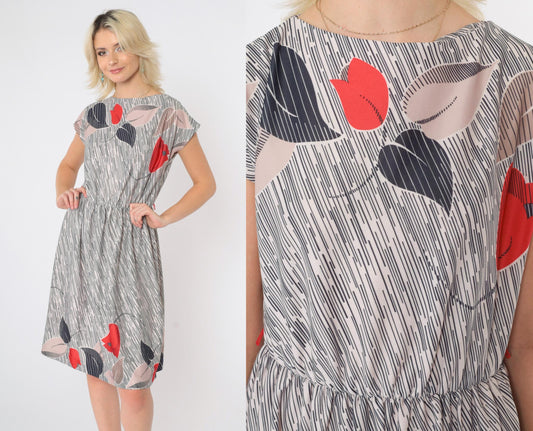 70s Floral Striped High-Waisted Dress Cap Sleeve Knee Length Small