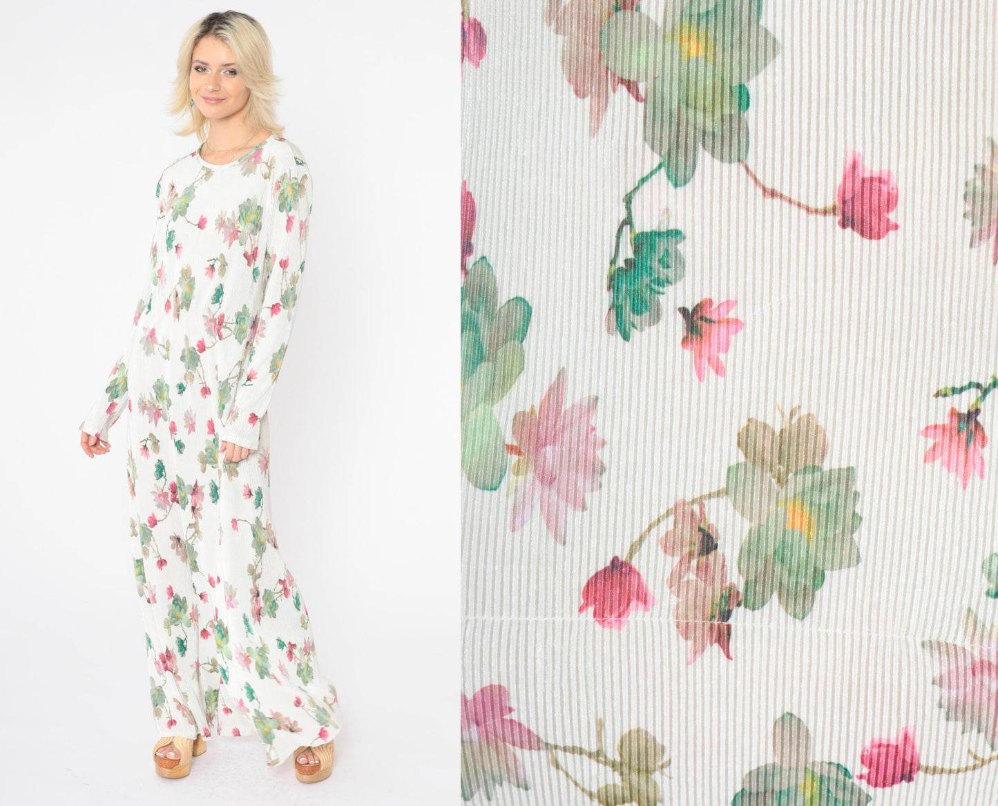 90s White Floral Maxi Dress High Elastic Waist Long Sleeve Ribbed Large L