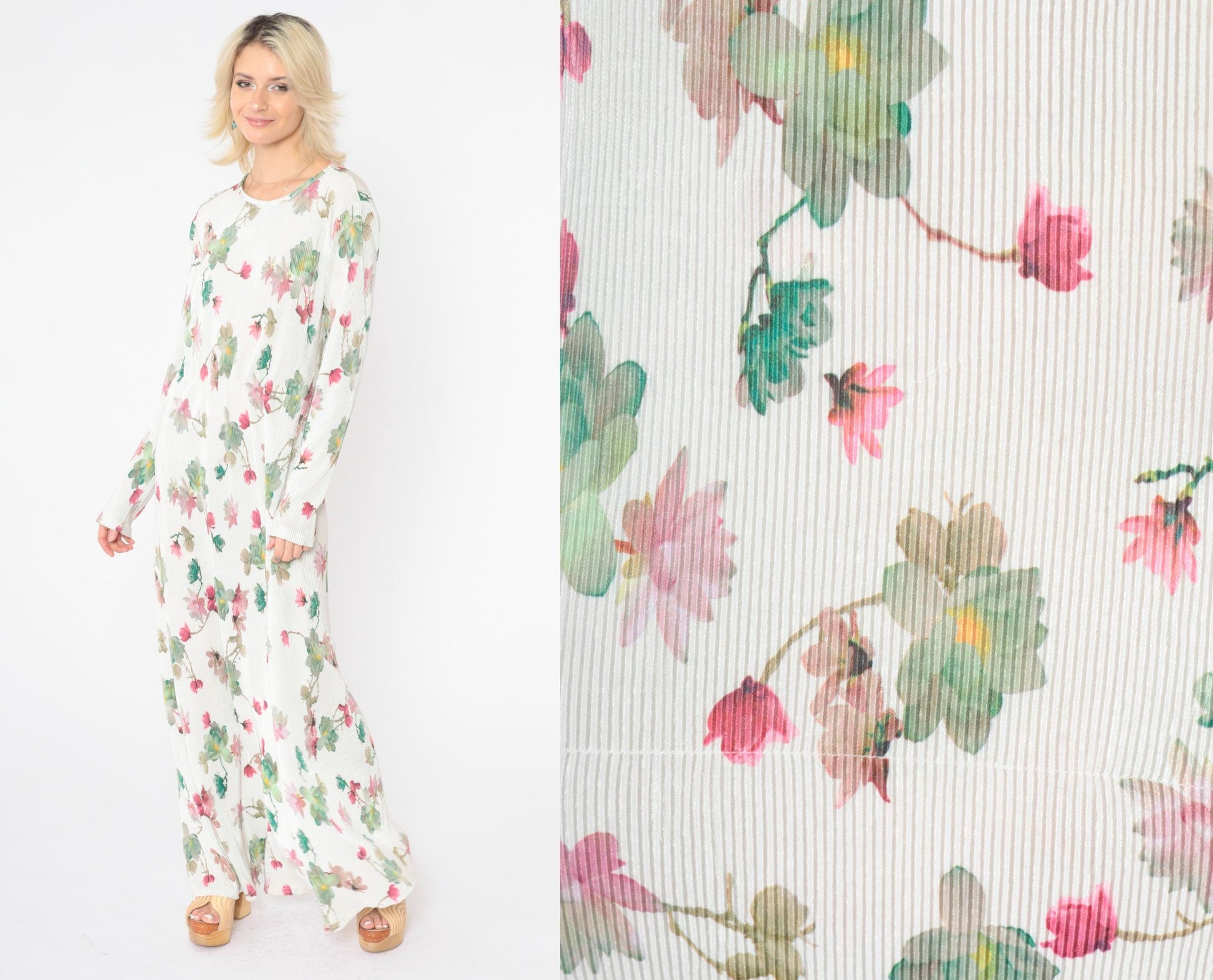 90s White Floral Maxi Dress High Elastic Waist Long Sleeve Ribbed Large L