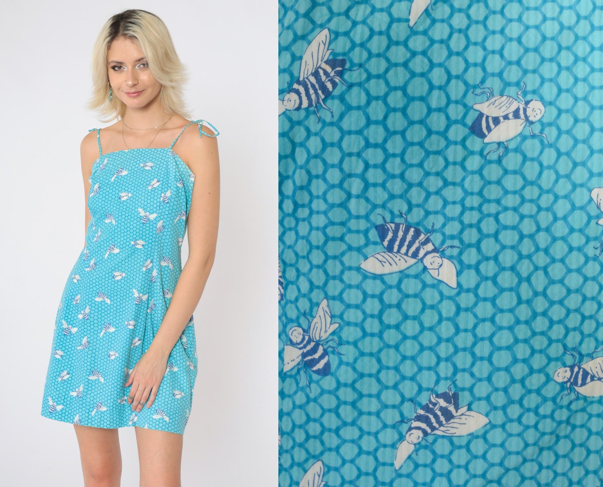 90s Lilly Pulitzer Blue Honeycomb Bee Print Mini Dress Tie Shoulder Small 8