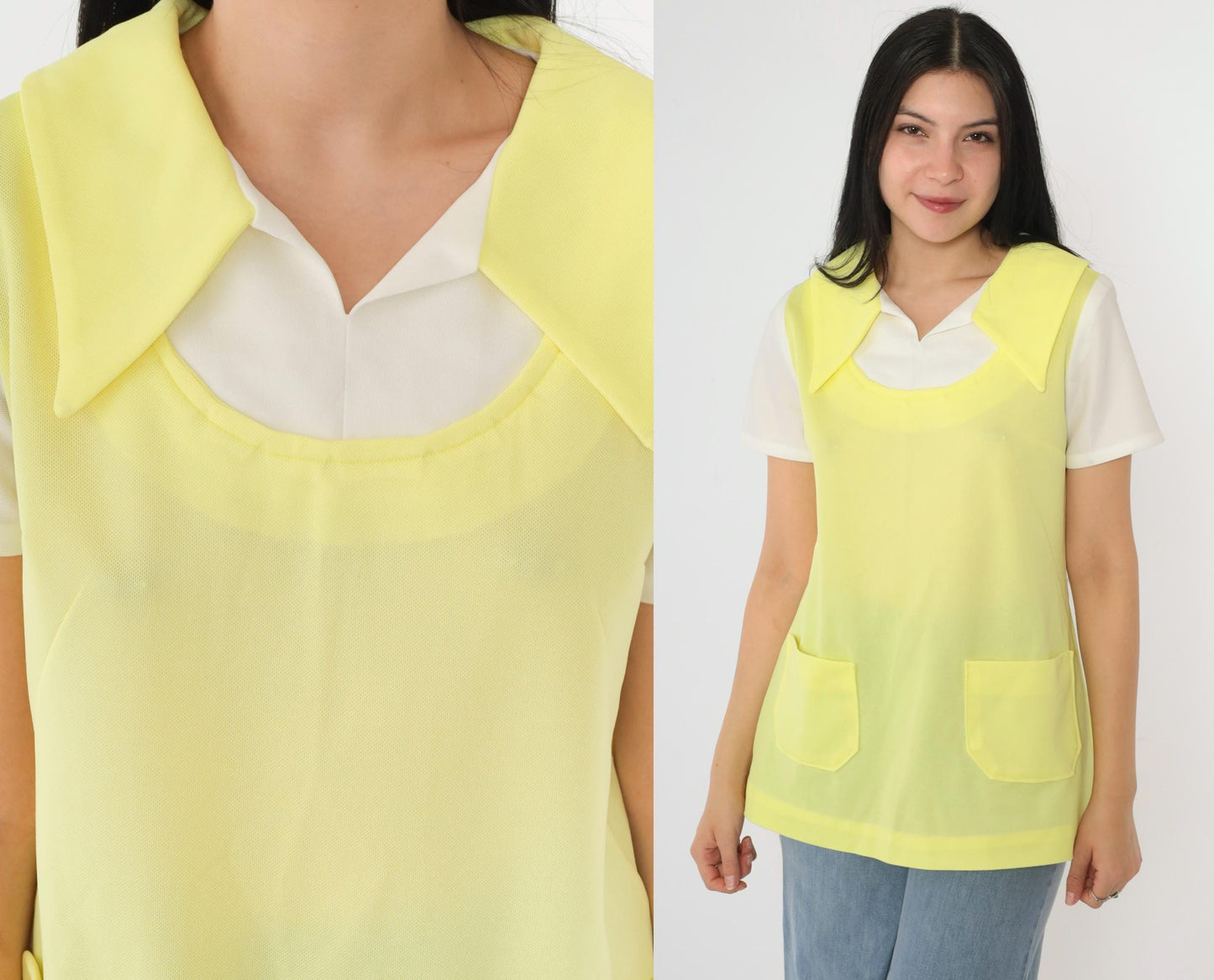 1960s Mod Yellow Pointed Collar Blouse Short Sleeve Layered Vest Pocket Top Medium M