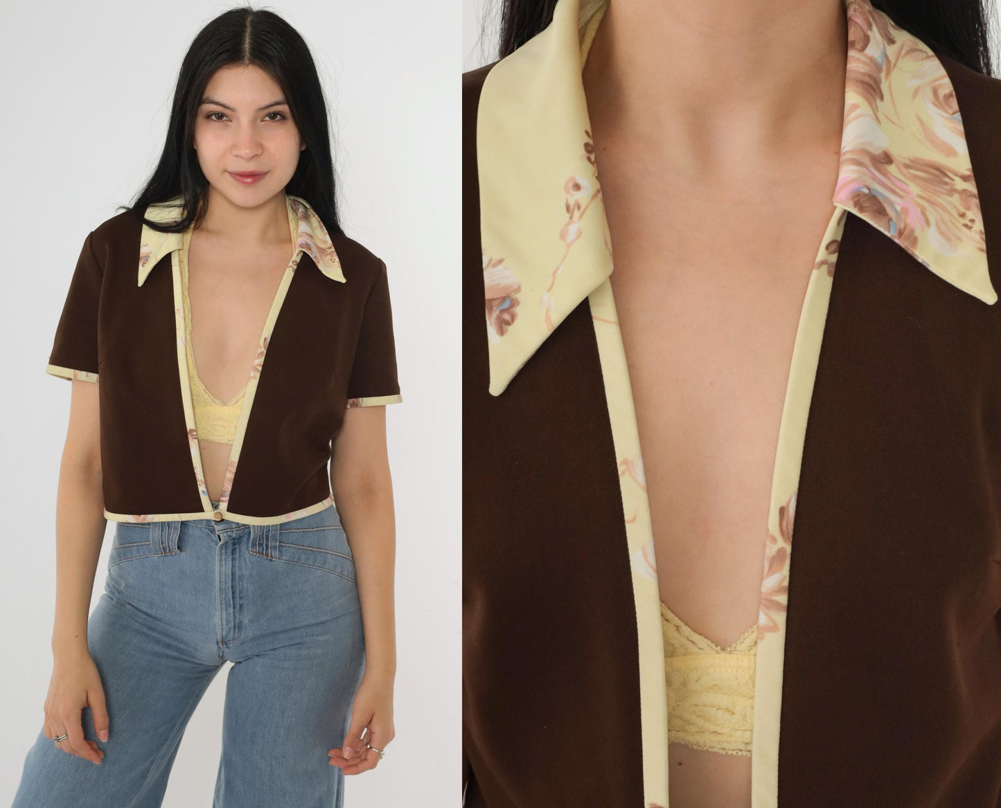 70s Brown Open Front Jacket Yellow Floral Trim Short Sleeve Medium