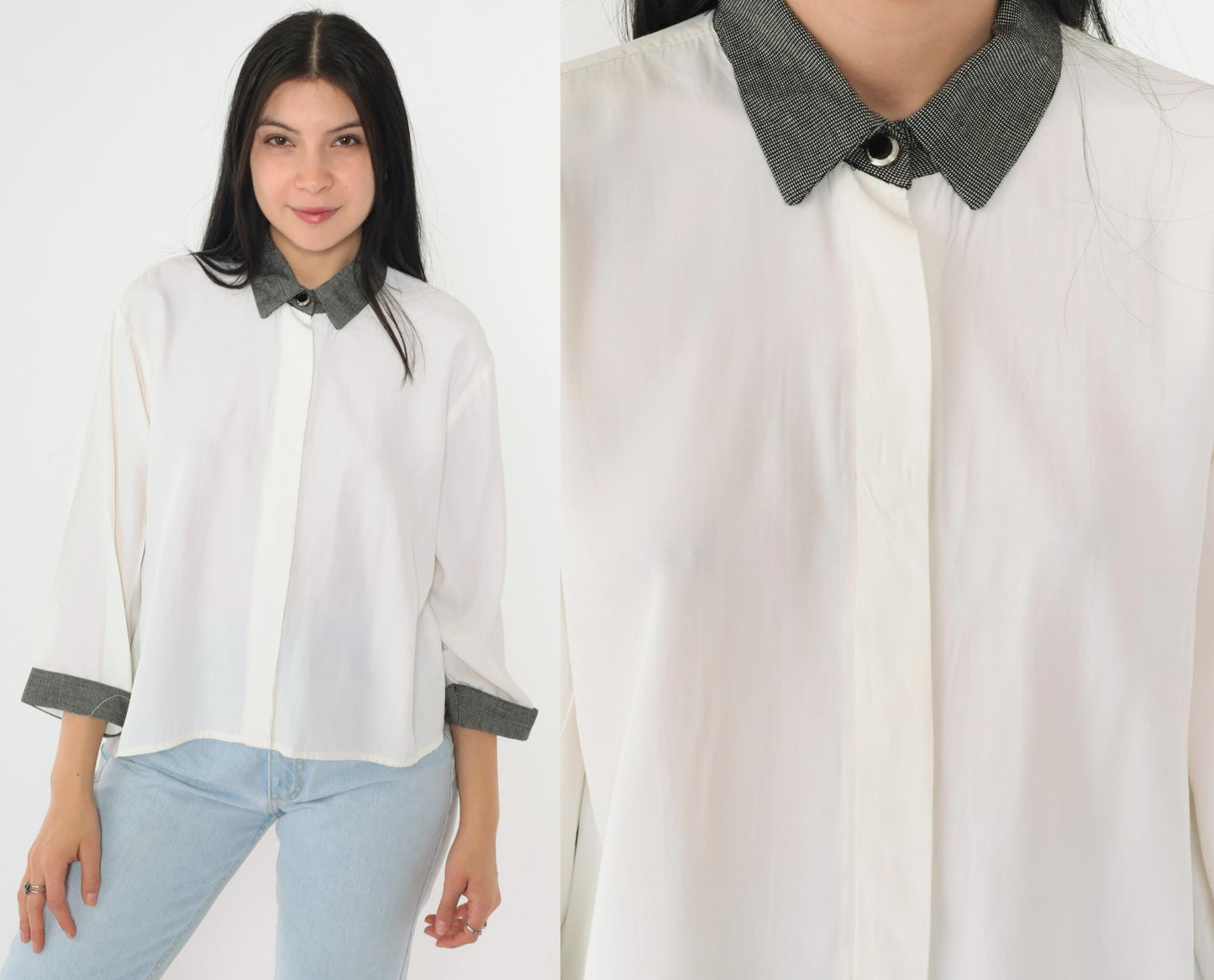 90s White Button-Up Blouse Black Check Collar Hidden Placket 3/4 Sleeve Large L