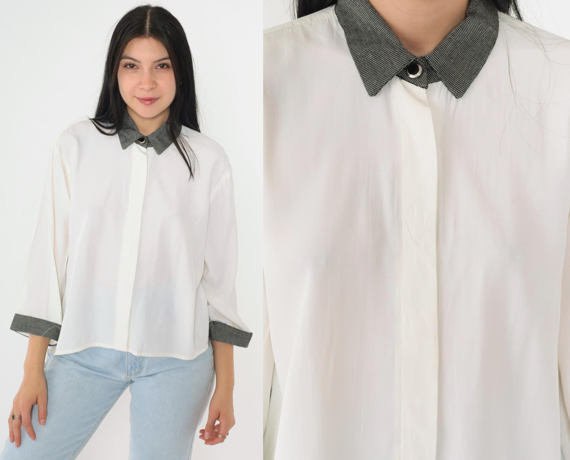 90s White Button-Up Blouse Black Check Collar Hidden Placket 3/4 Sleeve Large L