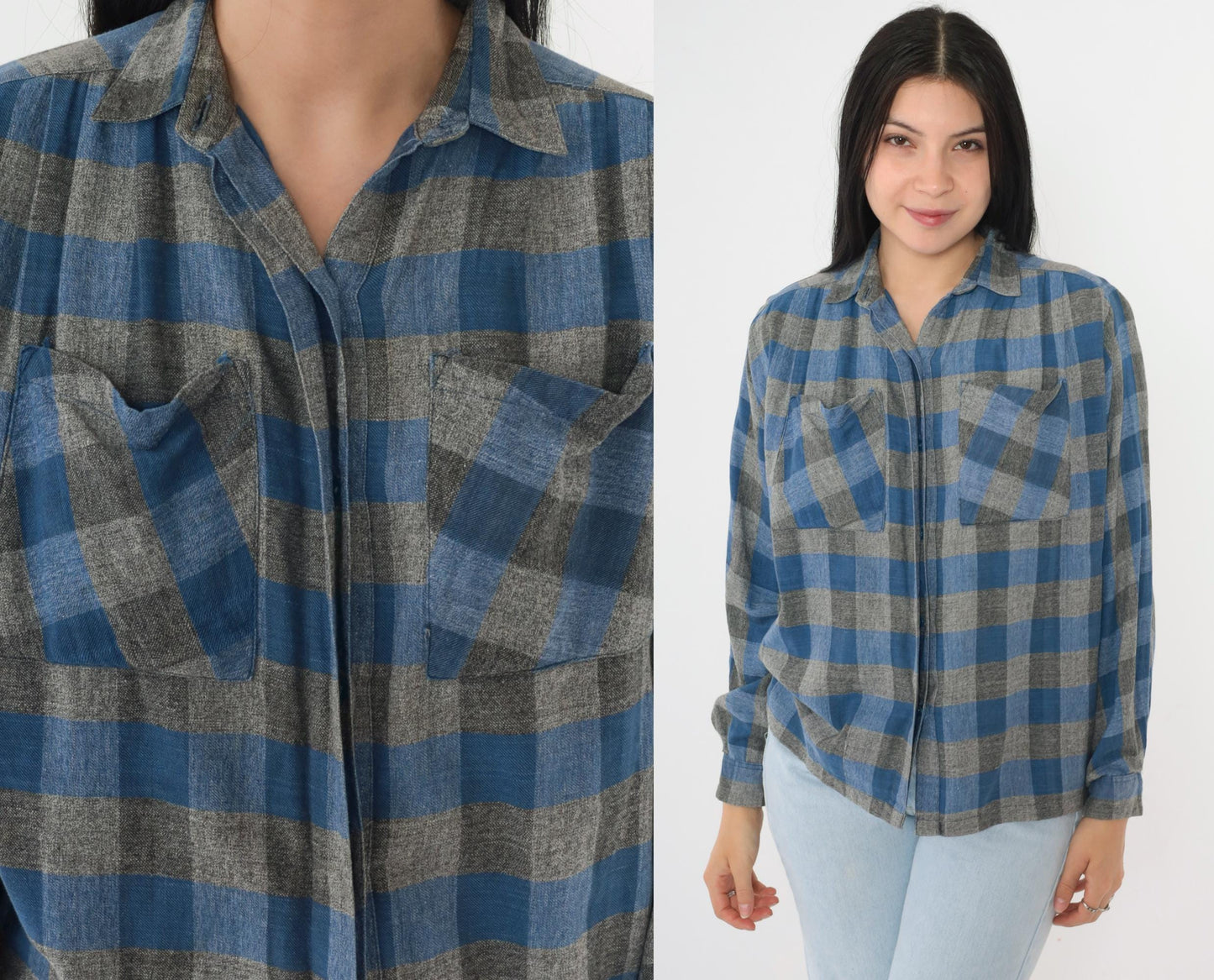 90s Buffalo Plaid Button-Up Shirt Blue Grey Checkered Cotton Small