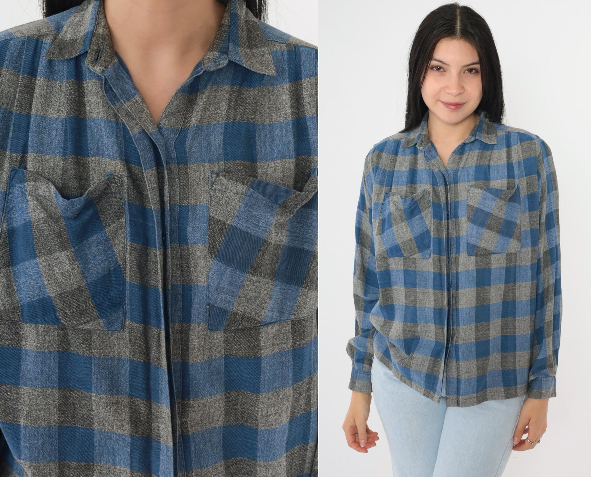 90s Buffalo Plaid Button-Up Shirt Blue Grey Checkered Cotton Small